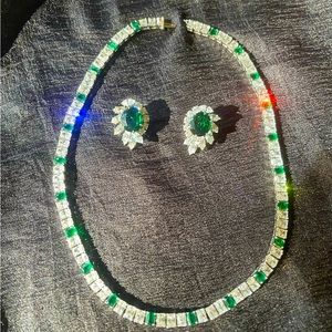 High Quality Sterling Silver Faux Diamond and Emerald Necklace/Earrings Set